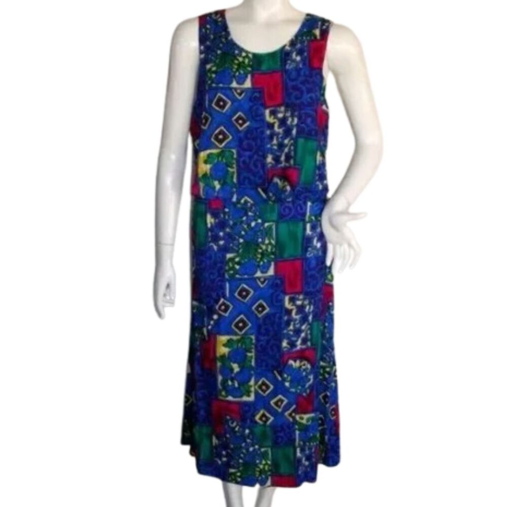 Vintage Enge Dress, M, Blue, Busy Print, Sleeveless, Summer, Ties, Layered